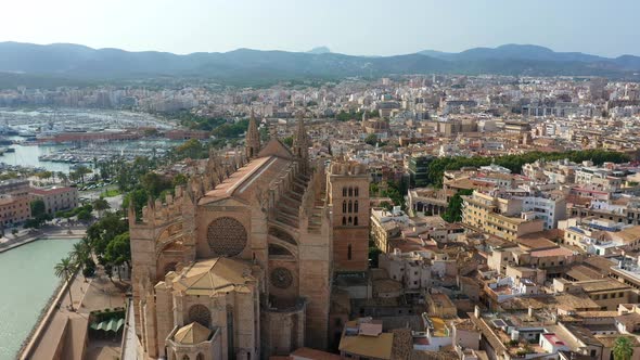 Aerial Drone Video Footage Famous Cathedral La Seu in Palma De Mallorca Spain alt