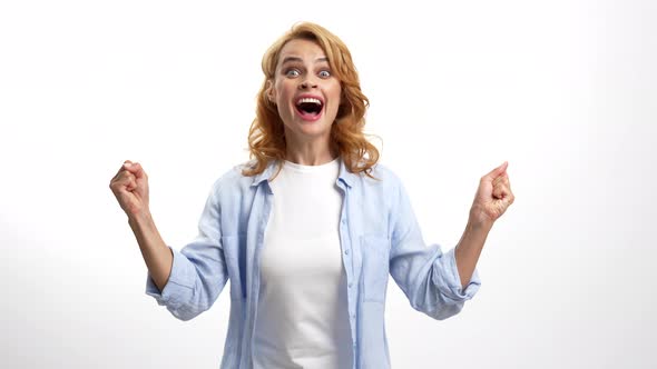 Happy Woman Celebrating Success Isolated on White Happiness