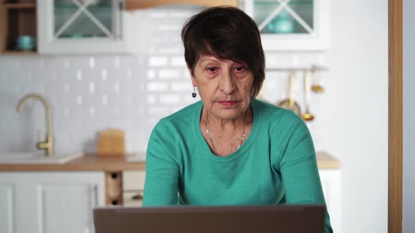 Elderly Woman Remotely Working on Laptop Old Lady is Typing on Notebook Keyboard alt
