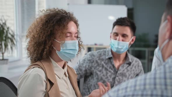 Quarantine Therapy Young Woman in Medical Mask Talks About Her Experiences to People During alt