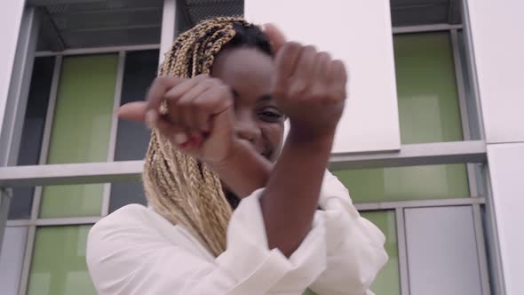 Close Up Dancing Smiling Woman Happy African Dancer Girl Enjoying Funky Hip Hop Moves Performing alt