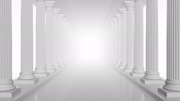 White corridor with columns and fog