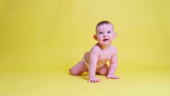 Happy toddler baby plays laughing on studio yellow background