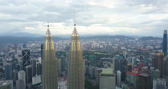 Petronas Twin Towers Aerial Footage, Drone's Moving Away From the Building, Kuala Lumpur, Malaysia