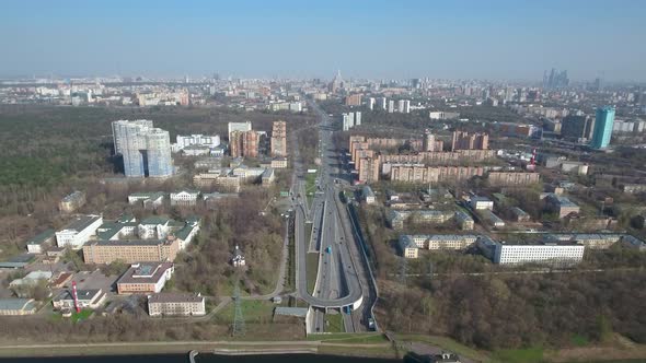 A drone flies over Moscow. Top view of the city.