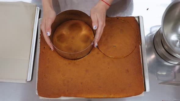 Closeup of a Pastry Chef Cuts a Round Shape From a Biscuit Dough for a Cake alt