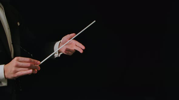 Moving Hands of an Orchestra Conductor Directing Musicians with Movement of Baton on Black alt