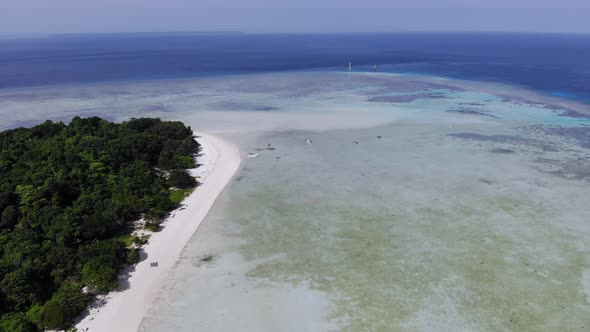 Ungraded cinematic aerial view of an island in the middle of the ocean with blue water