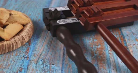 Purim Jewish Carnival Celebration on Hamantaschen Cookies Noisemaker and Mask alt