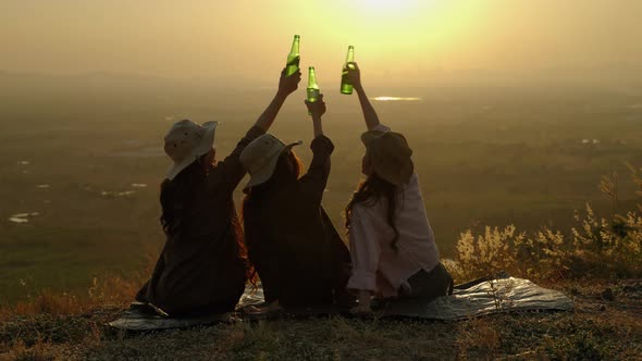 girl friend group Asians socializing during summer camping vacation, vacation concept, travel