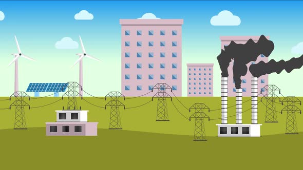 Electricity production with solar panels, windmills, and refineries footage