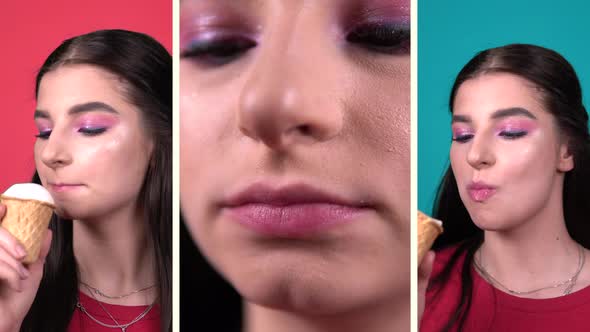 Collage of Young Beauty Woman Eating Ice Cream Close Up Portrait