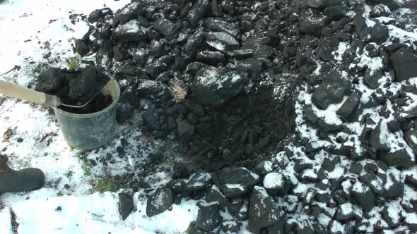 A Man Shovels Pieces of Coal Into a Bucket with a Shovel on a Winter Day alt