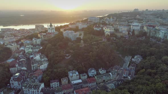 Kyiv Kiev Old Town in Sunrise Lights. Aerial View of Kiev, Ukraine alt