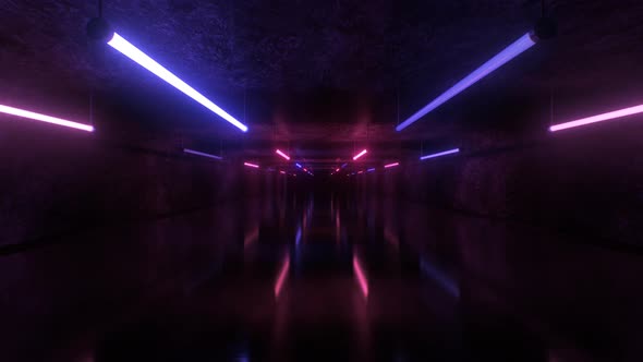 Flashing Neon Lights Tubes in Concrete Tunnel Rave Glow Reflections - 4K alt