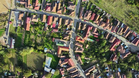 Aerial drone view of the Fagaras, Romania. Multiple residential buildings alt