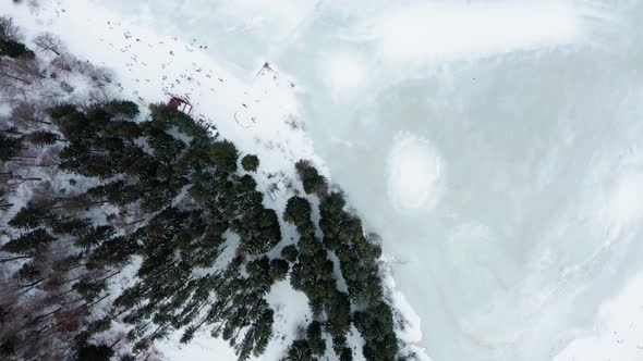 Pine trees at frozen alpine lake in Carpathian mountains, Romania, top down view alt