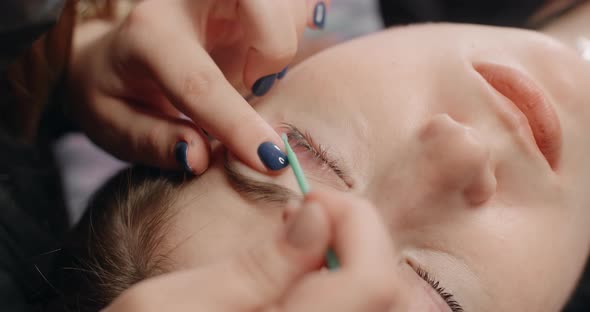 Lashmaker Does the Eyelash Lamination Procedure for the Client in the Beauty Salon Cosmetic Services alt