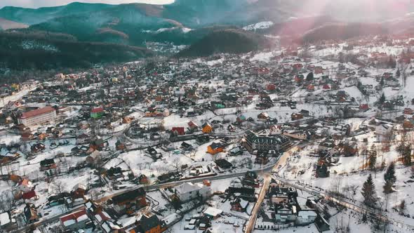 Aerial View of a Village in the Carpathian Mountains in Winter. Yaremche, Ukraine alt
