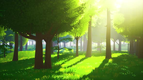 Cartoon Green Forest Landscape with Trees and Flowers alt