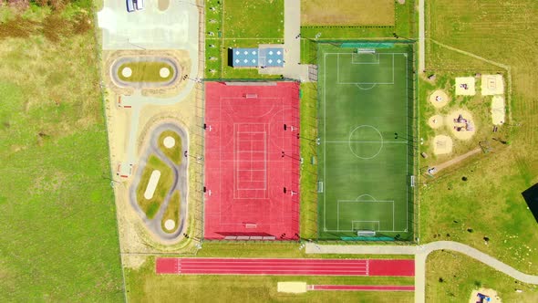 Top View, Bird eye view of school college with basketball, soccer courts. Street sport alt