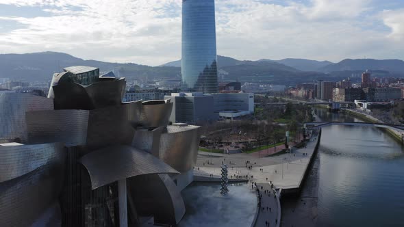 Drone view of Bilbao; beautiful cityscape of Basque country capital in sunny winter day alt