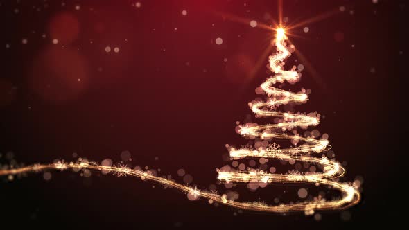 Christmas Tree Animation with Lights and Snowflakes on Red