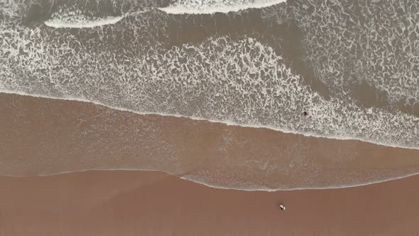 Body Boarders Entering Winter Sea From Sandy Beach Aerial Bird's Eye View Copy Space