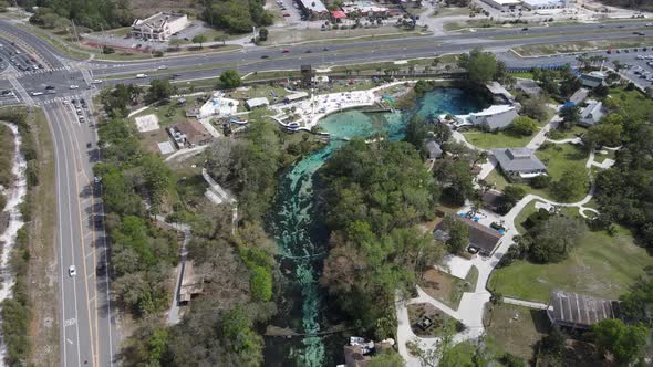 aerial of the Weeki Wachee Springs State Park, mermaid shows and amusement rides alt