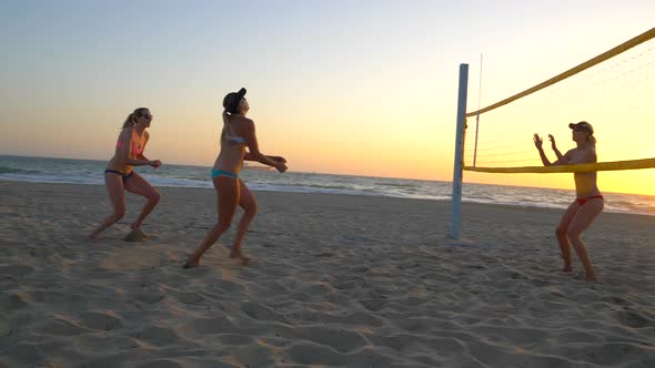 Women players play beach volleyball and a player hitting spiking the ball. alt