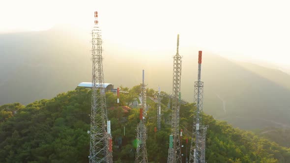 Aerial Panoramic View of Communication Towers Antennas in Mountains alt