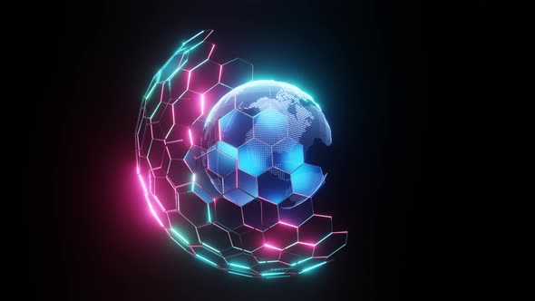 4K Digital planet. Blue glowing hexagonal mesh