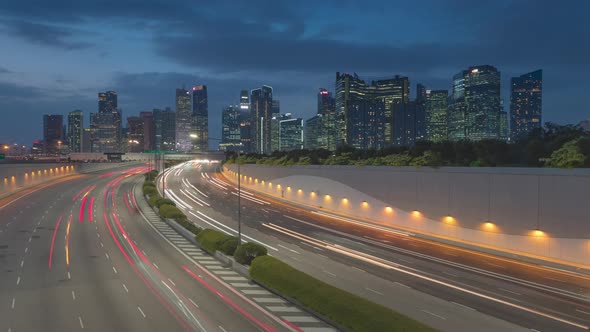 Traffic view with background Singapore landmark financial business district with skyscraper, alt