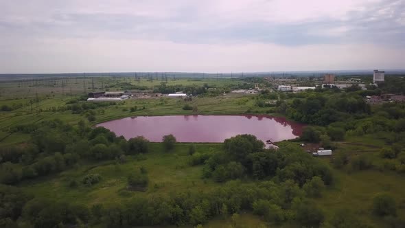 Artificial Pink Lake in Industrial Zone, Aerial View, Environmental Pollution
