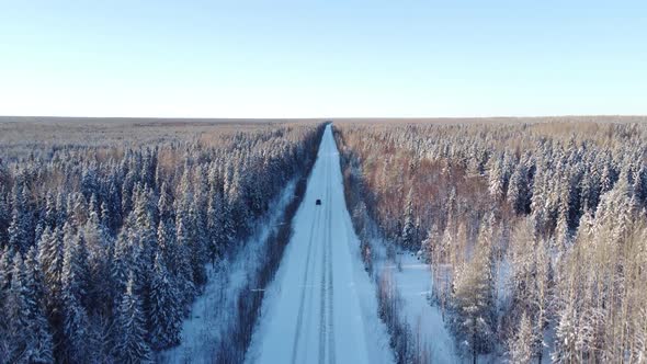 Aerial View From a Drone of a Road in the Middle of Snowcovered Trees and Snowcovered Forest on a