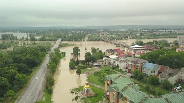 The Flooded City of Halych From a Height. Flood in Ukraine 06.24.2020. The Dniester River Overflowed