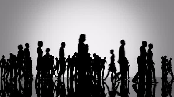 Silhouettes of a crowd of people. Big city life. Slowly moving camera position. alt