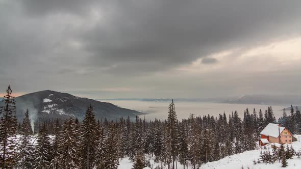 Mountain Peak with Snow Blow By Wind. Winter Landscape, Cold Day, with Snow alt