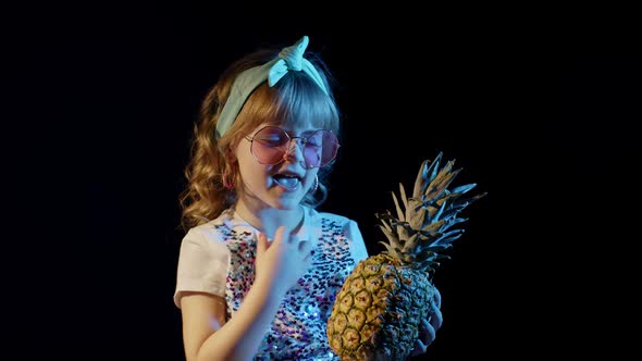 Trendy Stylish Girl in Sunglasses with Pineapple Singing Fooling Around at Disco Cyberpunk Club alt