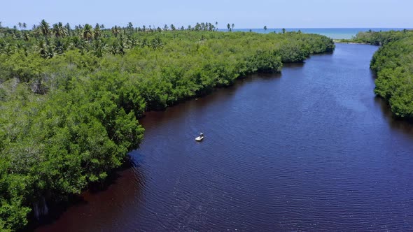 Aerial view of small boat cruising on idyllic river surrounded by mangrove forest during summer - Tr alt