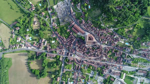 Village of Saint-Cyprien in Perigord in France seen from the sky alt