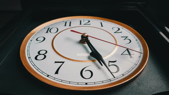 Vintage Clock Arrow Rotate at 5 to 6 PM or AM Full Turn of Time Hands Timelapse alt