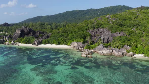 Aerial view of beach Anse Source d'Argent, La Digue Island, Seychelles alt