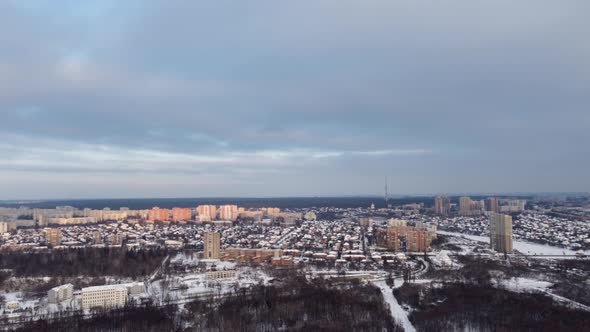 Aerial Kharkiv city from Lopan river with epic sky
