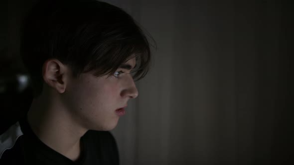 Close Up the Guy is Sitting at the Computer in the Evening and the Light From the Monitor alt