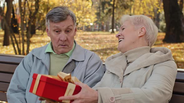 Happy Smiling Elderly Couple Sitting on Bench in Autumn Park Mature Old Grandma Give Gift Husband alt