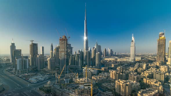 Beautiful Luxury Dubai Downtown Aerial Top View at Sunset Timelapse Dubai United Arab Emirates alt
