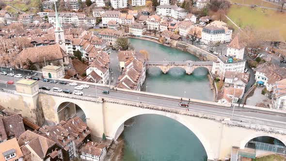 Fly-over Nydegg and Untertor Bridges across Aare River, Bern Switzerland alt
