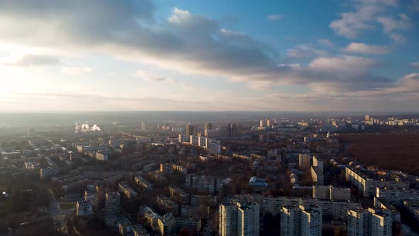 Aerial Kharkiv city center left to right, epic sky