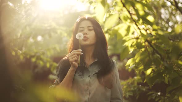 Asian Woman Blow on Dandelion at the Sunset alt